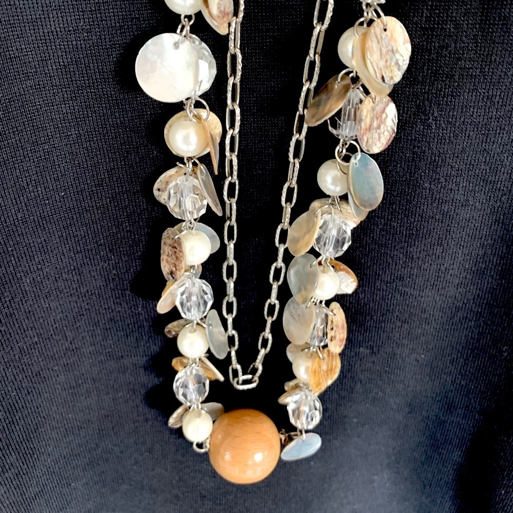 Mother-of-pearl coins & silver tone long metal chain necklace with pearls chain